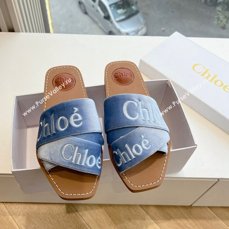 Chloe Woody Flat Square-toe Slides Sandal in Velvet Light Blue 2025 G076 (KL-250220031)