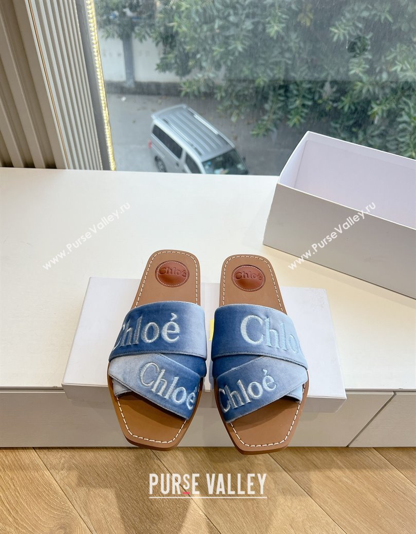 Chloe Woody Flat Square-toe Slides Sandal in Velvet Light Blue 2025 G076 (KL-250220031)