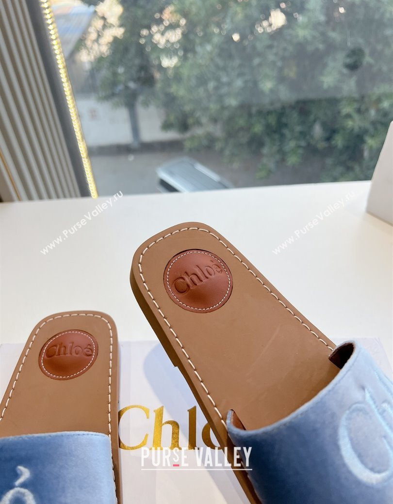 Chloe Woody Flat Square-toe Slides Sandal in Velvet Light Blue 2025 G076 (KL-250220031)