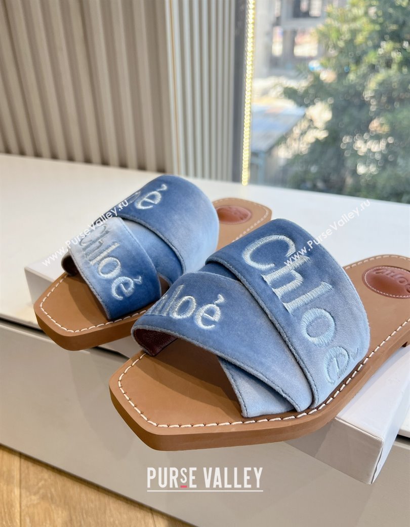Chloe Woody Flat Square-toe Slides Sandal in Velvet Light Blue 2025 G076 (KL-250220031)