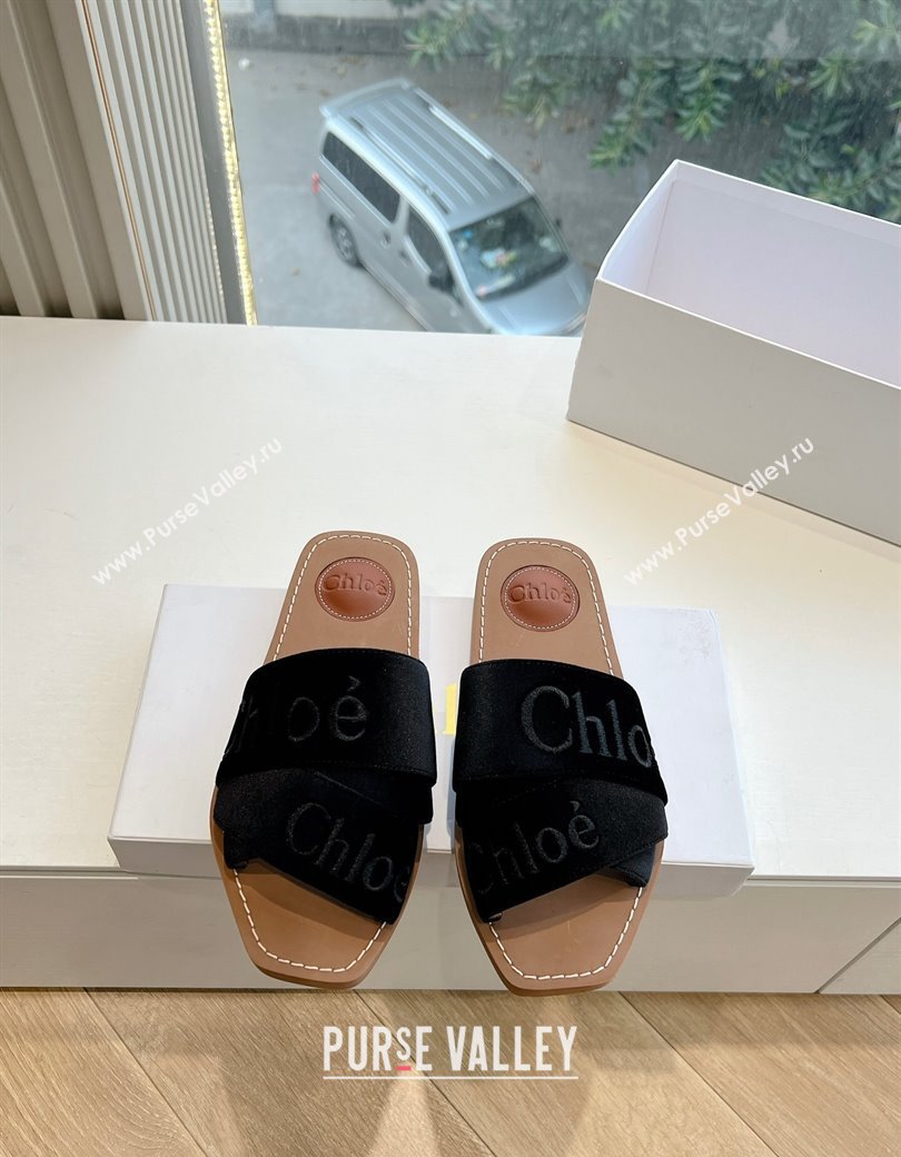 Chloe Woody Flat Square-toe Slides Sandal in Velvet Black 2025 G076 (KL-250220025)