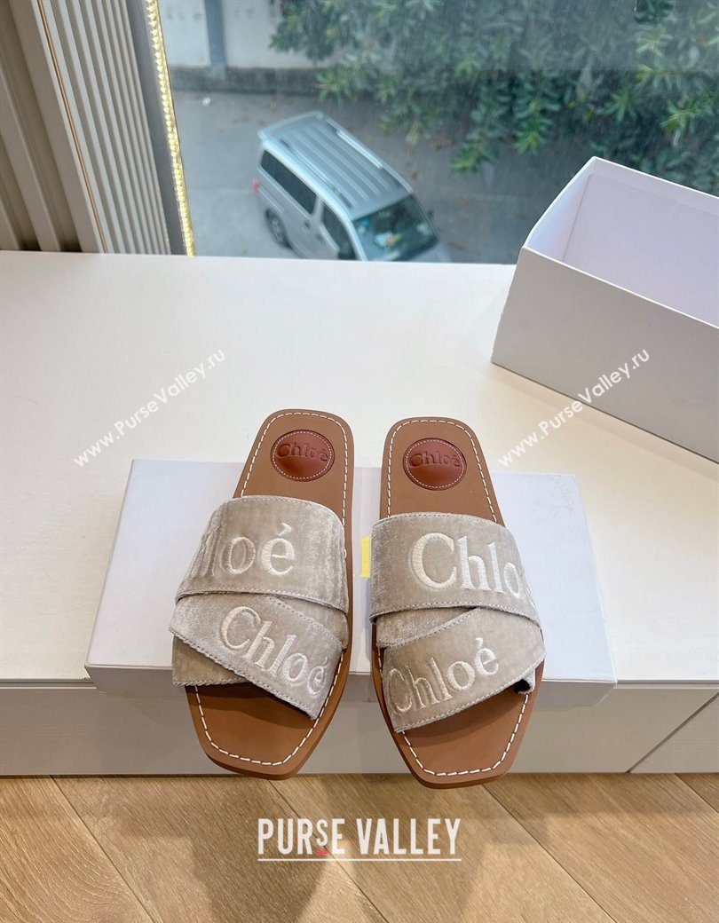 Chloe Woody Flat Square-toe Slides Sandal in Velvet Grey 2025 G076 (KL-250220032)