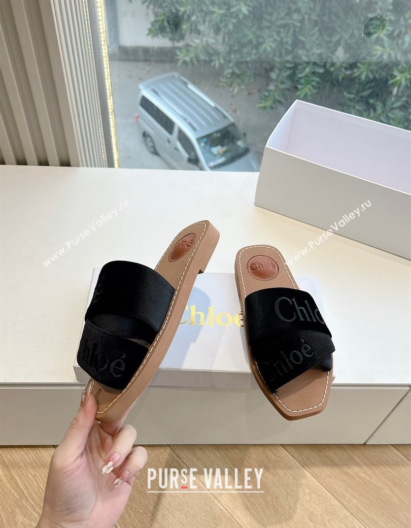 Chloe Woody Flat Square-toe Slides Sandal in Velvet Black 2025 G076 (KL-250220025)