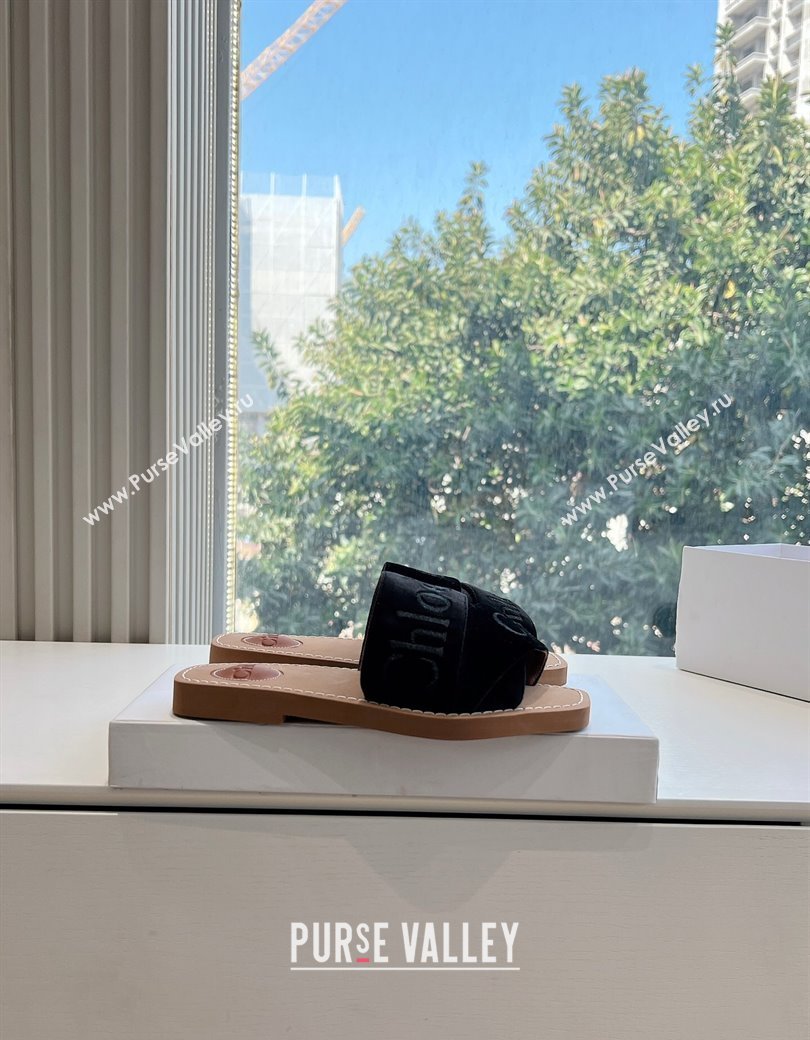 Chloe Woody Flat Square-toe Slides Sandal in Velvet Black 2025 G076 (KL-250220025)