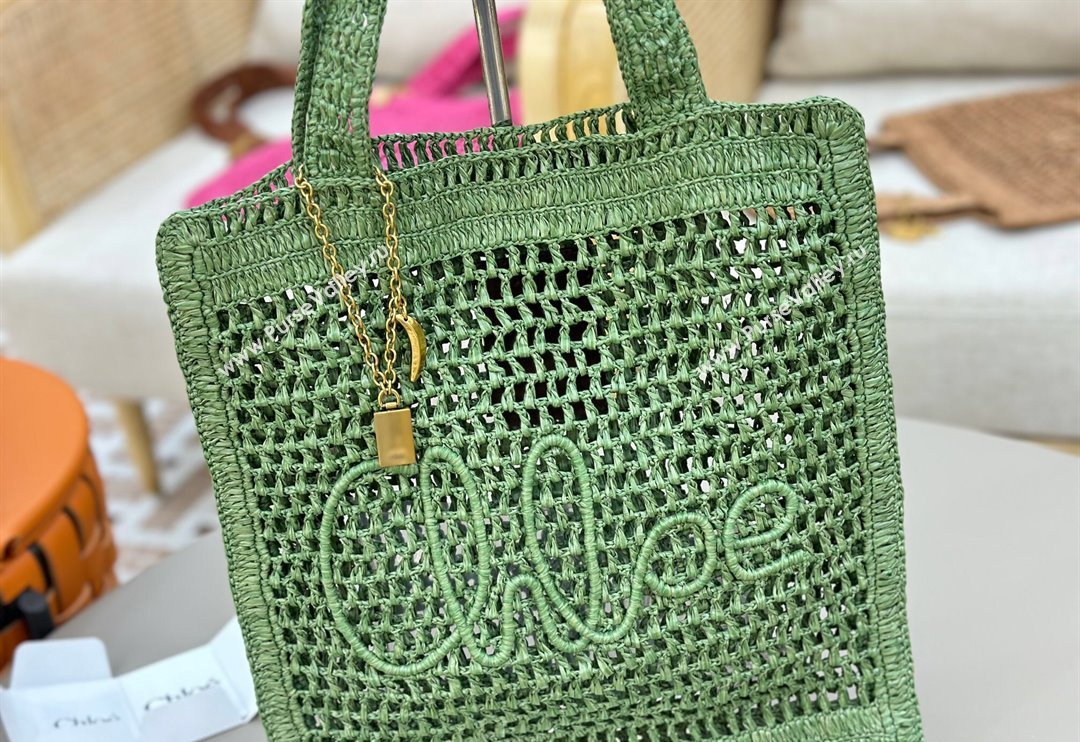 Chloe Summer Banana tote bag in raffia straw Green 2025 1665 (YY-250520036)