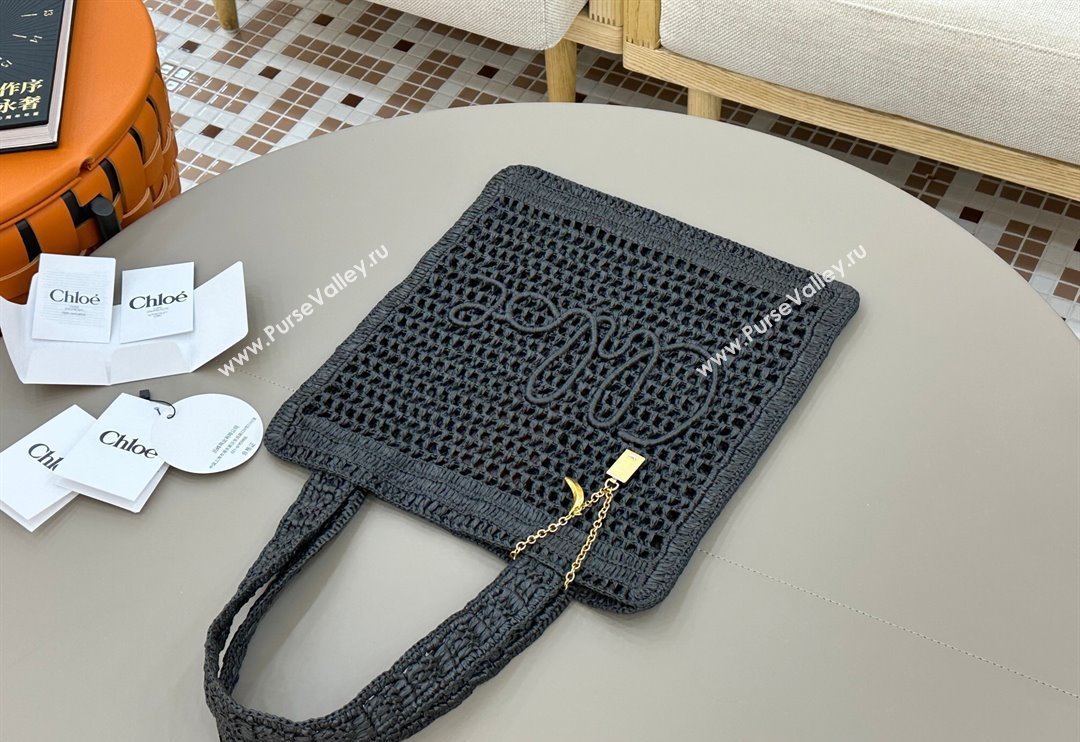 Chloe Summer Banana tote bag in raffia straw Black 2025 1665 (YY-250520037)