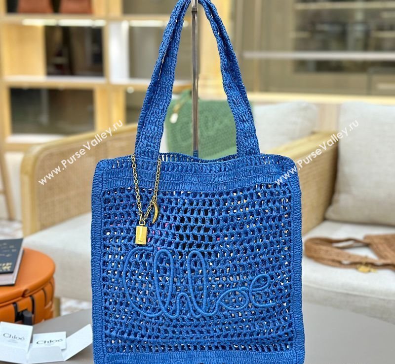 Chloe Summer Banana tote bag in raffia straw Blue 2025 1665 (YY-250520038)