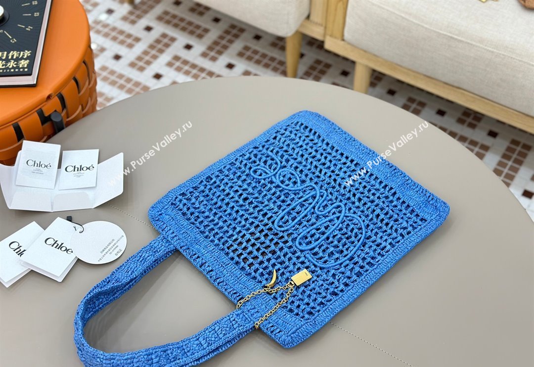 Chloe Summer Banana tote bag in raffia straw Blue 2025 1665 (YY-250520038)