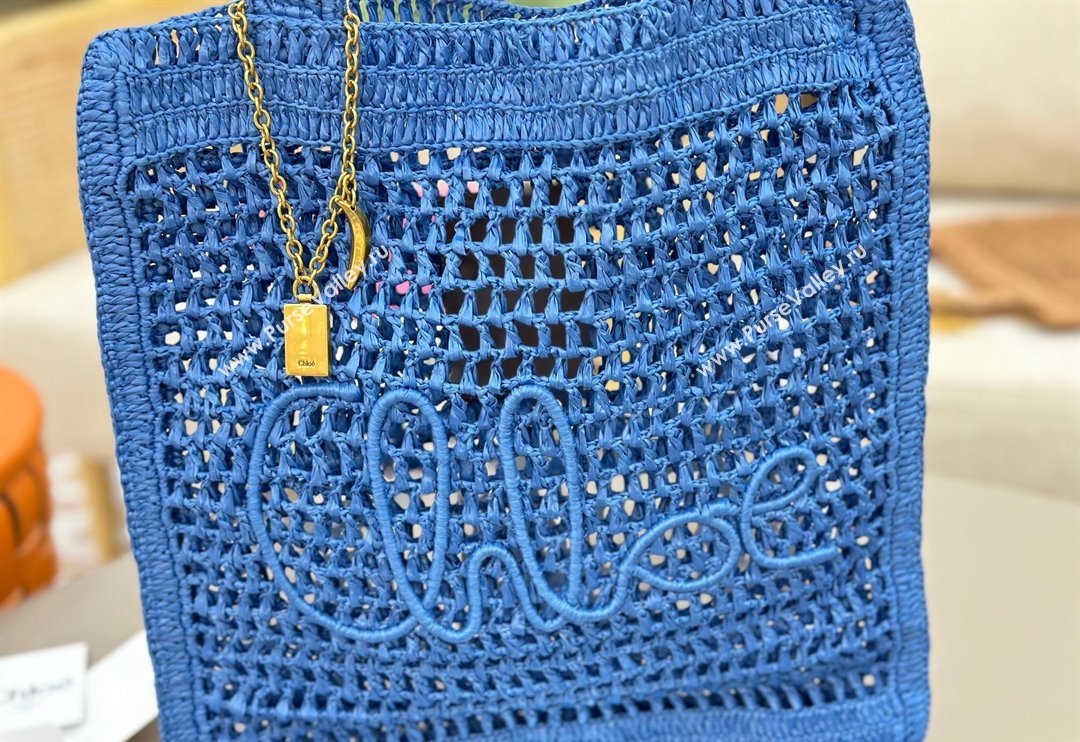 Chloe Summer Banana tote bag in raffia straw Blue 2025 1665 (YY-250520038)