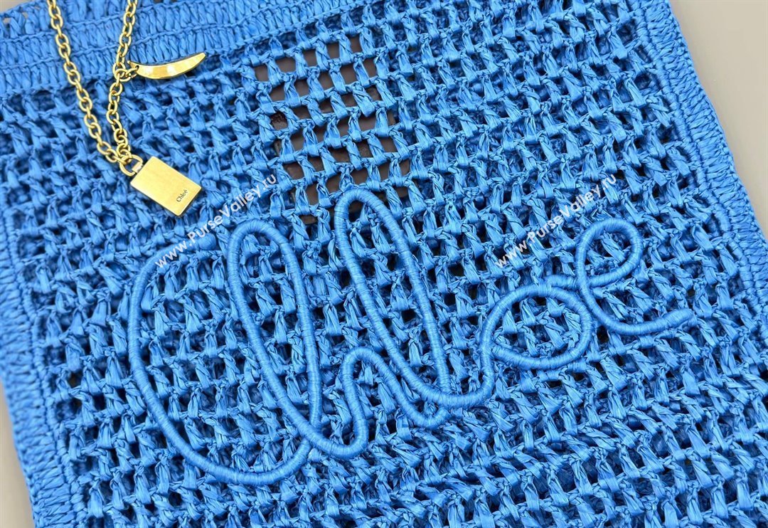 Chloe Summer Banana tote bag in raffia straw Blue 2025 1665 (YY-250520038)