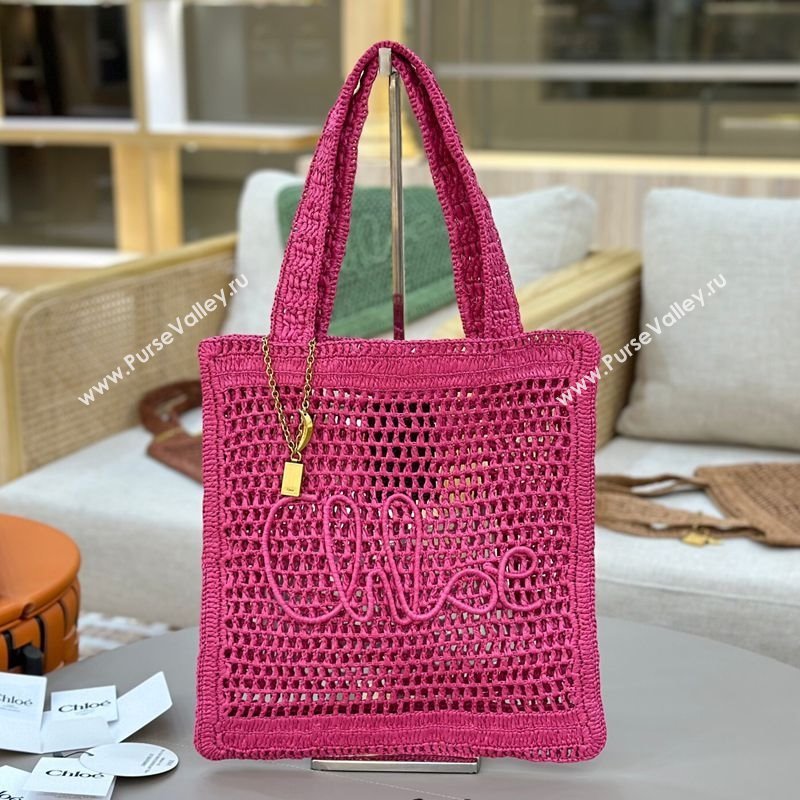 Chloe Summer Banana tote bag in raffia straw Dark Pink 2025 1665 (YY-250520039)