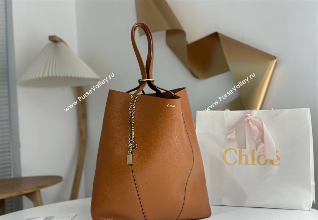Chloe Large Spin Tote Bag in Grained Leather Brown 2025 1120 (DLA-251120043)