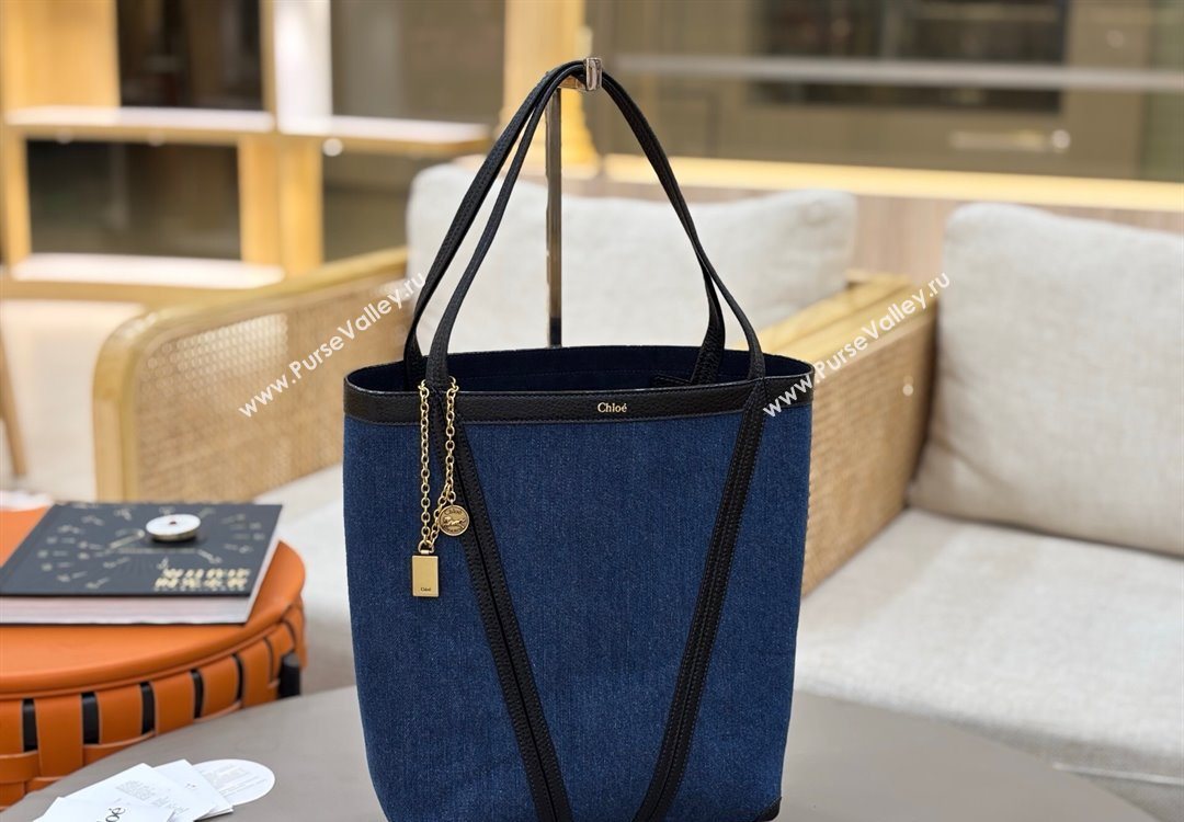 Chloe Medium Spin Tote Bag in Denim Navy Blue 2025 1120 (DLA-251120054)