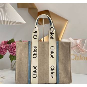 Chloe Large Woody Tote Bag in Linen Canvas and Calfskin Leather Denim Blue 2025 1120 (DLA-251120062)