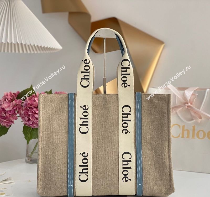 Chloe Large Woody Tote Bag in Linen Canvas and Calfskin Leather Denim Blue 2025 1120 (DLA-251120062)