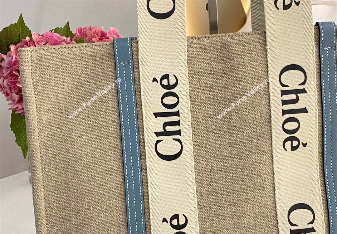 Chloe Large Woody Tote Bag in Linen Canvas and Calfskin Leather Denim Blue 2025 1120 (DLA-251120062)
