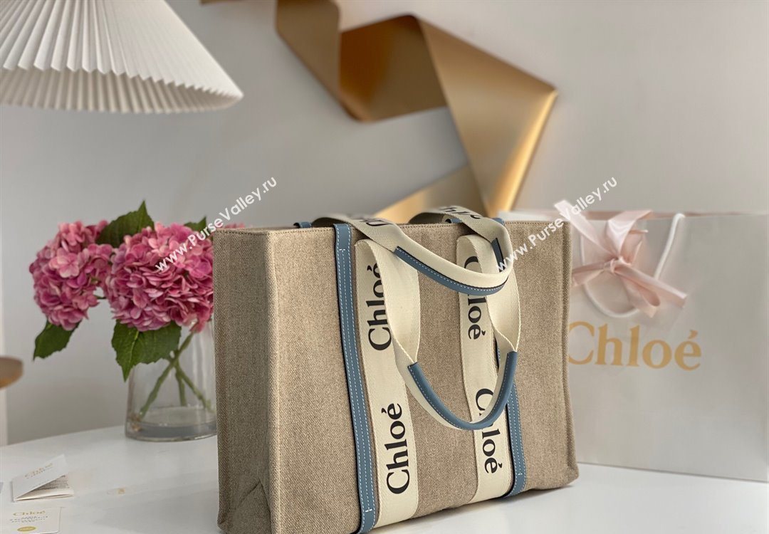 Chloe Large Woody Tote Bag in Linen Canvas and Calfskin Leather Denim Blue 2025 1120 (DLA-251120062)
