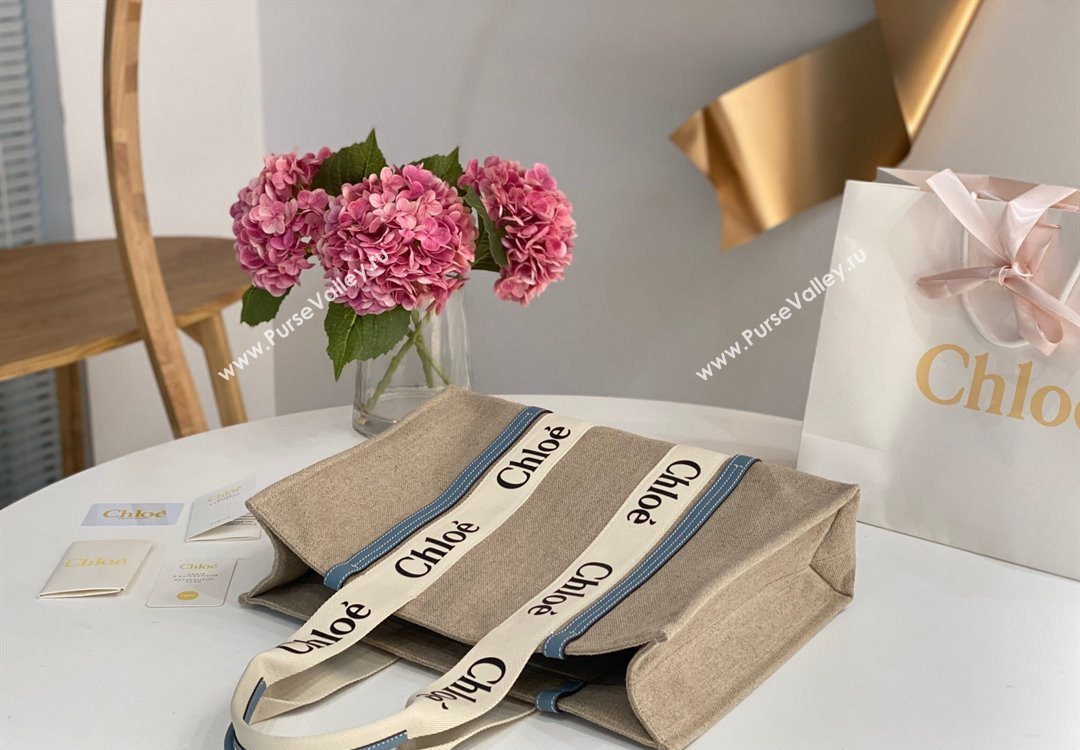 Chloe Large Woody Tote Bag in Linen Canvas and Calfskin Leather Denim Blue 2025 1120 (DLA-251120062)