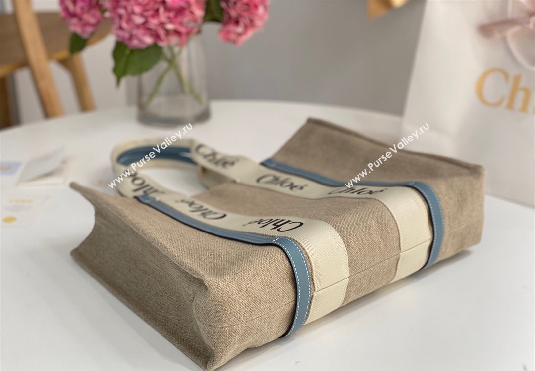 Chloe Large Woody Tote Bag in Linen Canvas and Calfskin Leather Denim Blue 2025 1120 (DLA-251120062)