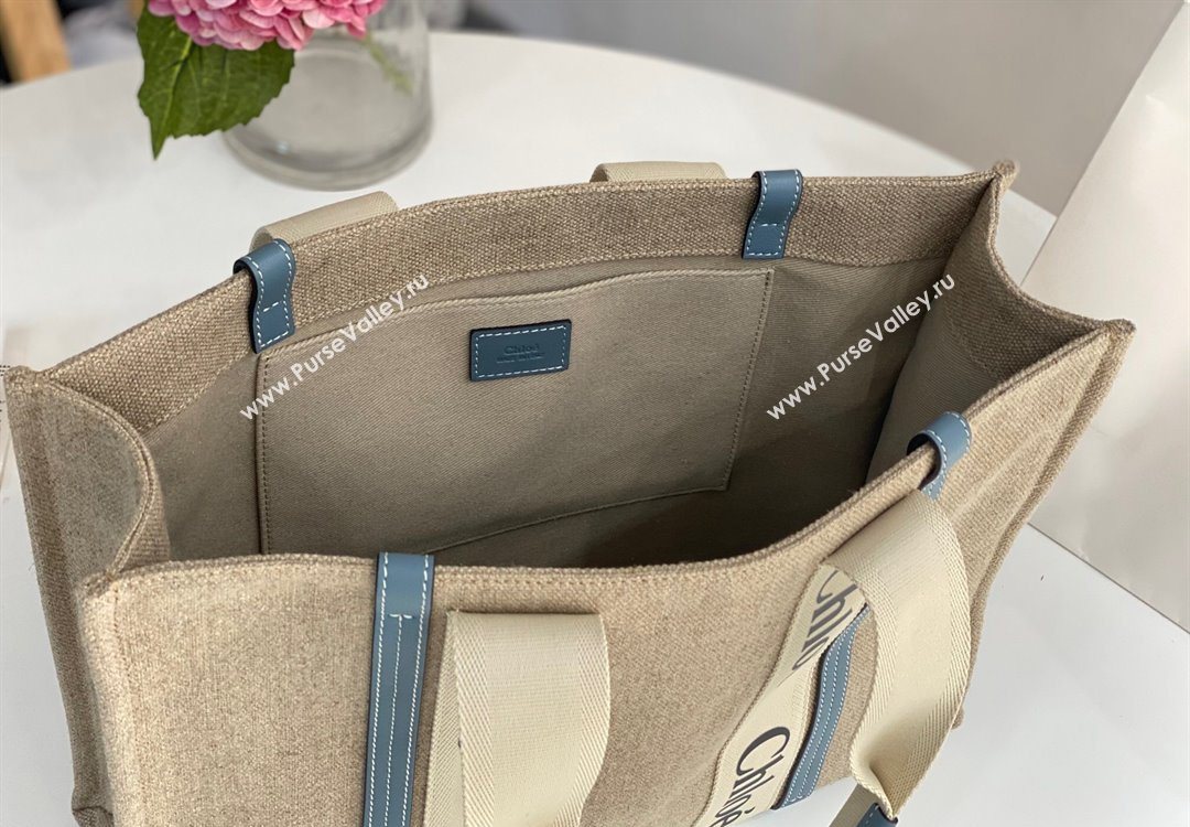 Chloe Large Woody Tote Bag in Linen Canvas and Calfskin Leather Denim Blue 2025 1120 (DLA-251120062)