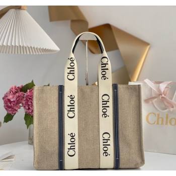 Chloe Large Woody Tote Bag in Linen Canvas and Calfskin Leather Dark Blue 2025 1120 (DLA-251120063)