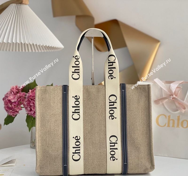 Chloe Large Woody Tote Bag in Linen Canvas and Calfskin Leather Dark Blue 2025 1120 (DLA-251120063)