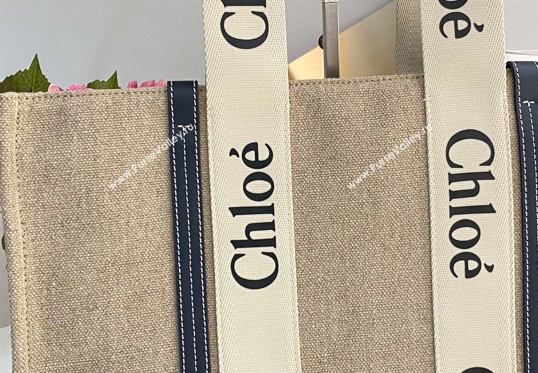 Chloe Large Woody Tote Bag in Linen Canvas and Calfskin Leather Dark Blue 2025 1120 (DLA-251120063)