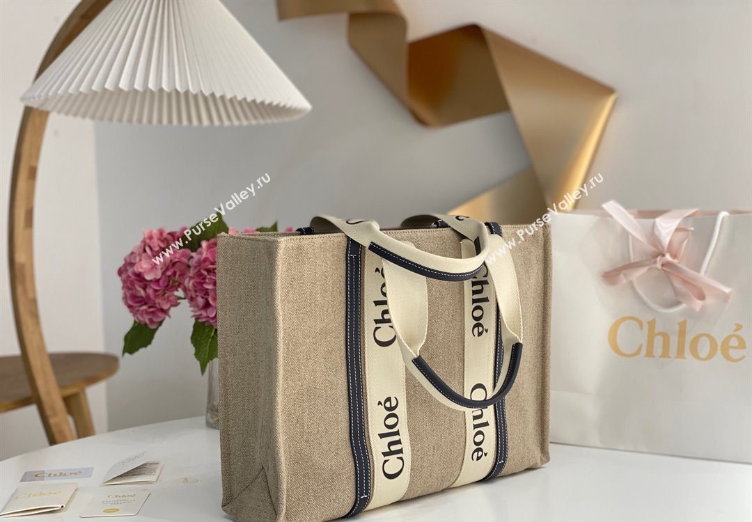 Chloe Large Woody Tote Bag in Linen Canvas and Calfskin Leather Dark Blue 2025 1120 (DLA-251120063)