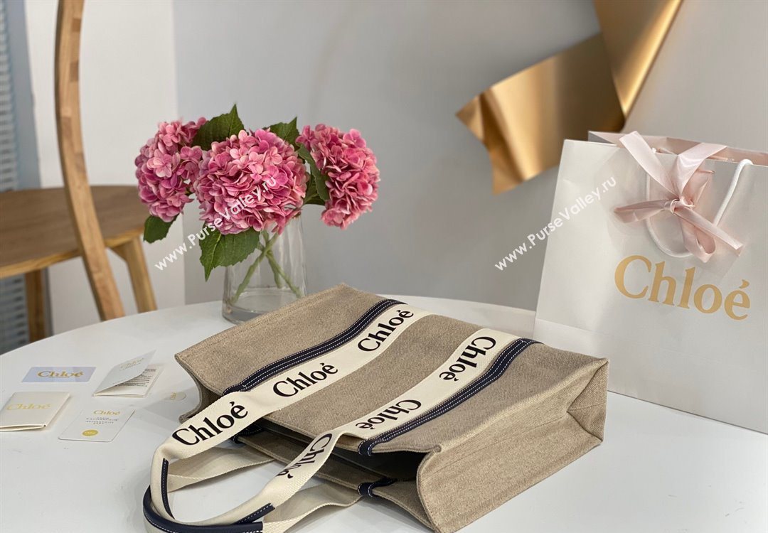 Chloe Large Woody Tote Bag in Linen Canvas and Calfskin Leather Dark Blue 2025 1120 (DLA-251120063)