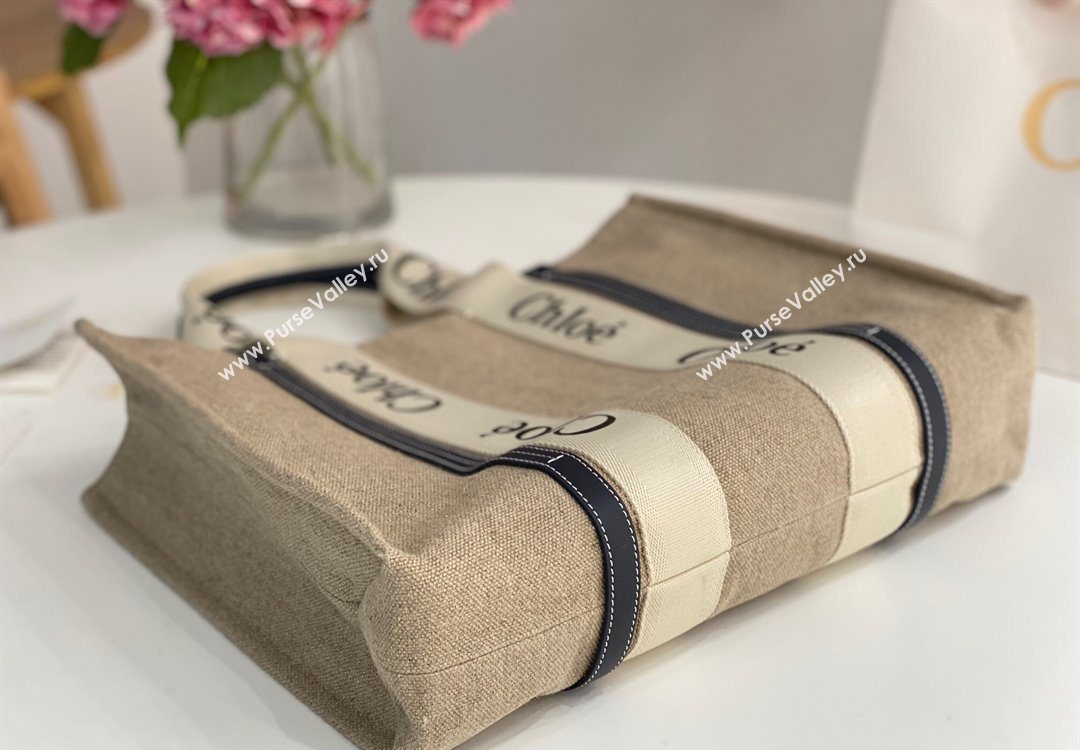 Chloe Large Woody Tote Bag in Linen Canvas and Calfskin Leather Dark Blue 2025 1120 (DLA-251120063)