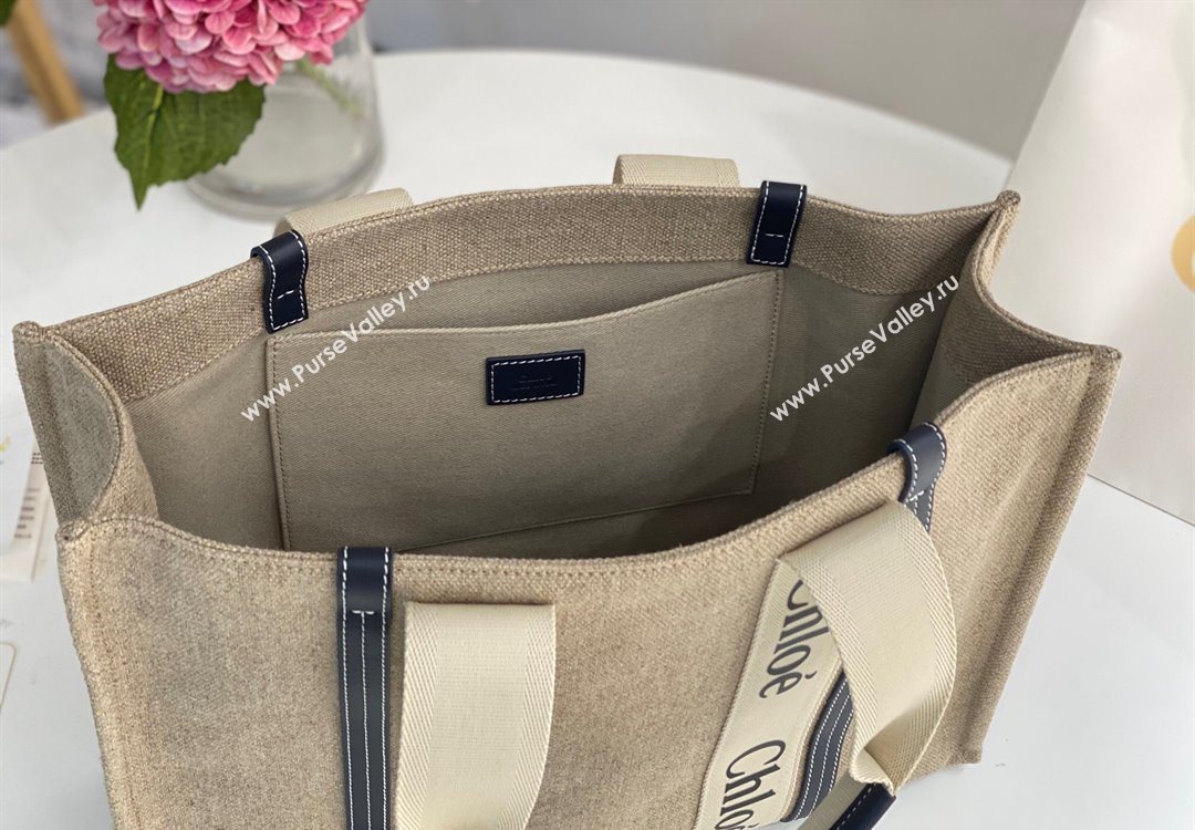 Chloe Large Woody Tote Bag in Linen Canvas and Calfskin Leather Dark Blue 2025 1120 (DLA-251120063)