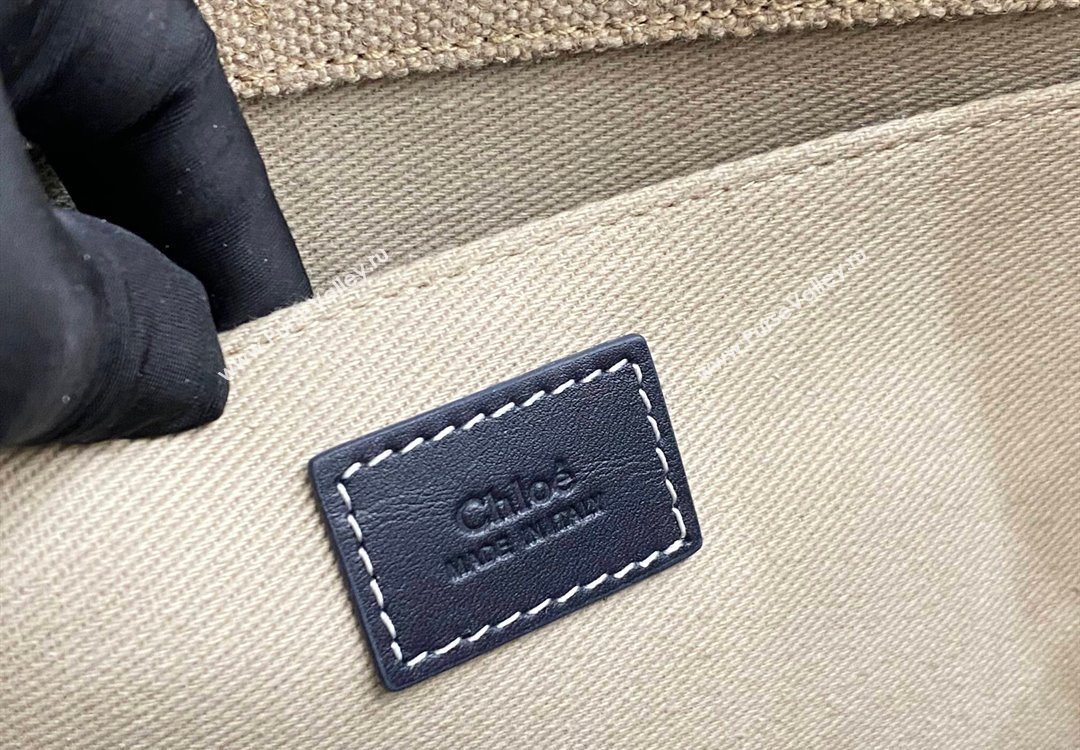 Chloe Large Woody Tote Bag in Linen Canvas and Calfskin Leather Dark Blue 2025 1120 (DLA-251120063)