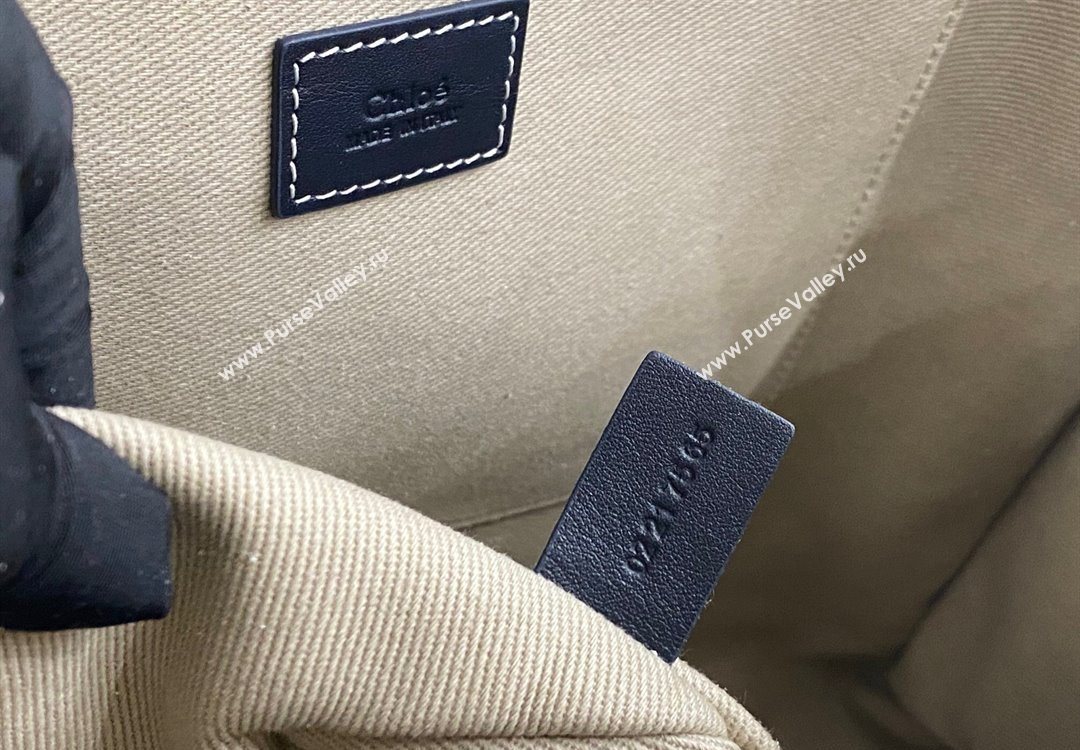 Chloe Large Woody Tote Bag in Linen Canvas and Calfskin Leather Dark Blue 2025 1120 (DLA-251120063)