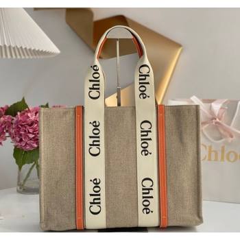Chloe Large Woody Tote Bag in Linen Canvas and Calfskin Leather Orange 2025 1120 (DLA-251120064)
