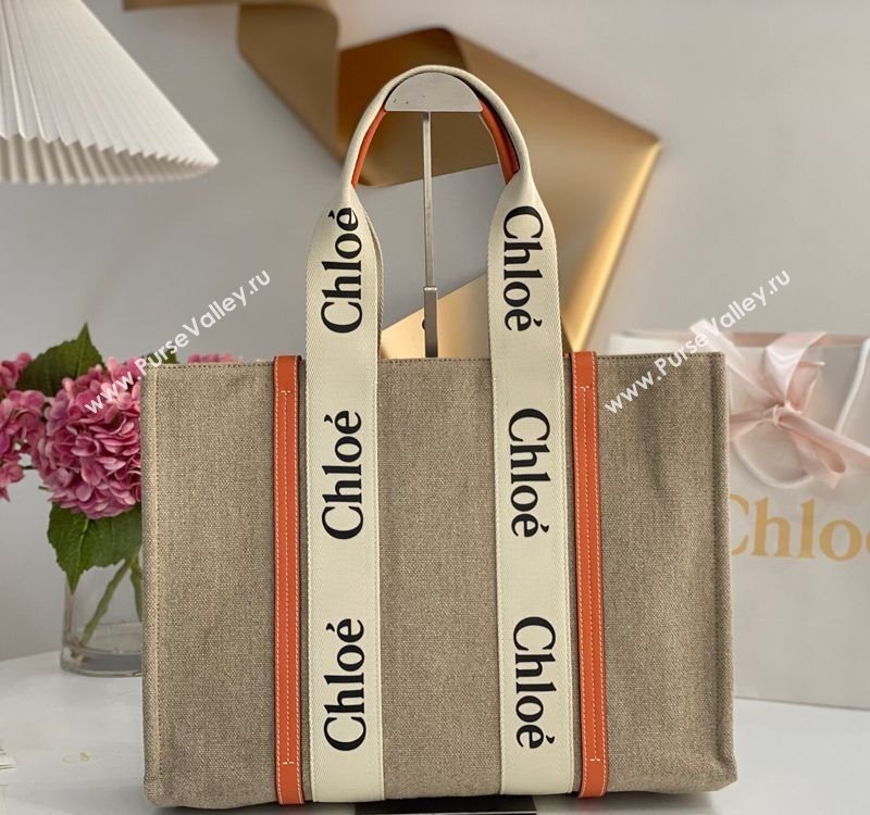 Chloe Large Woody Tote Bag in Linen Canvas and Calfskin Leather Orange 2025 1120 (DLA-251120064)