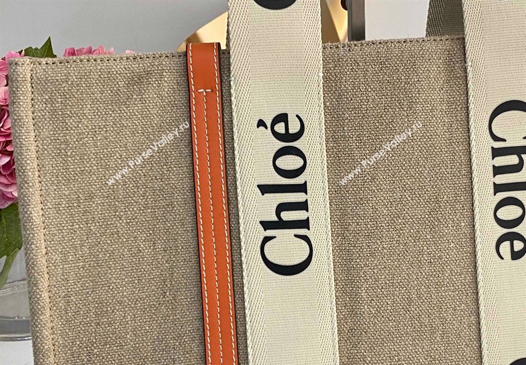 Chloe Large Woody Tote Bag in Linen Canvas and Calfskin Leather Orange 2025 1120 (DLA-251120064)