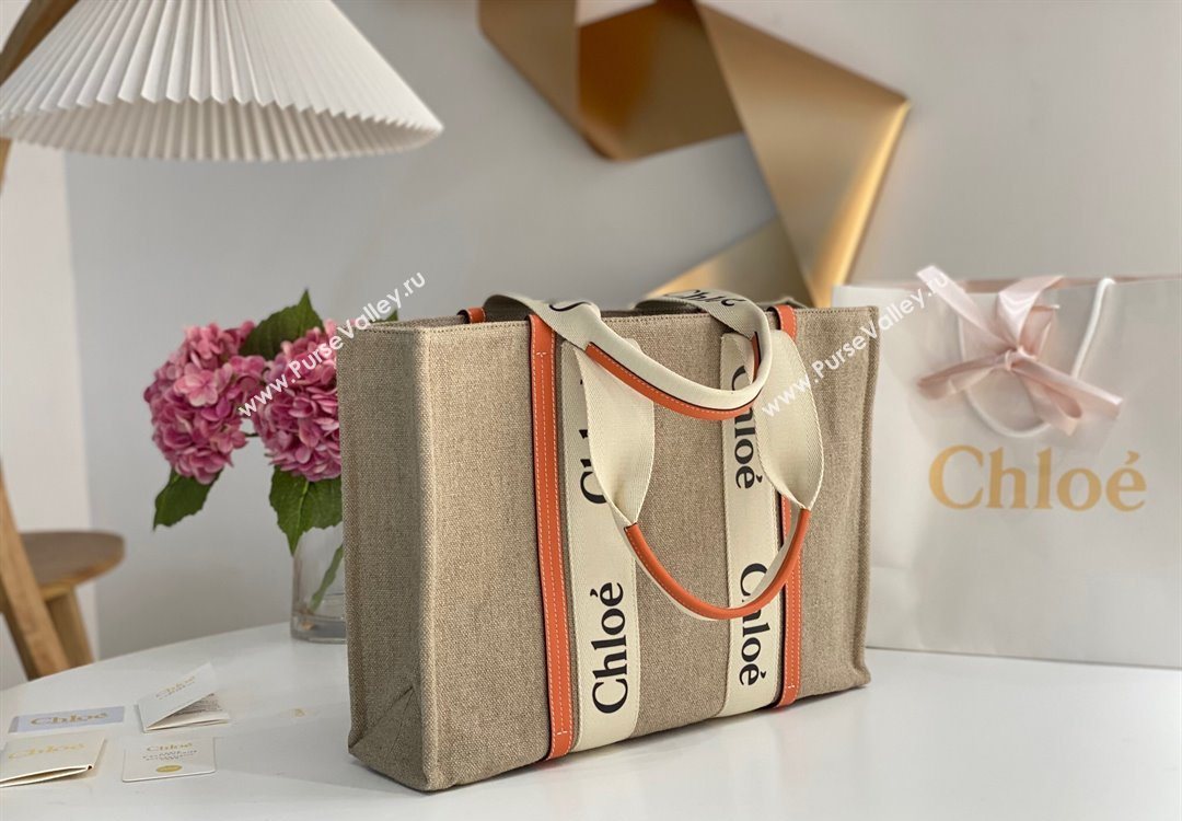 Chloe Large Woody Tote Bag in Linen Canvas and Calfskin Leather Orange 2025 1120 (DLA-251120064)