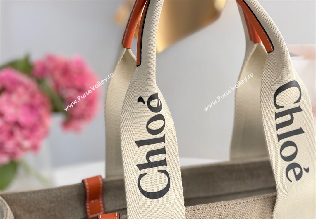 Chloe Large Woody Tote Bag in Linen Canvas and Calfskin Leather Orange 2025 1120 (DLA-251120064)