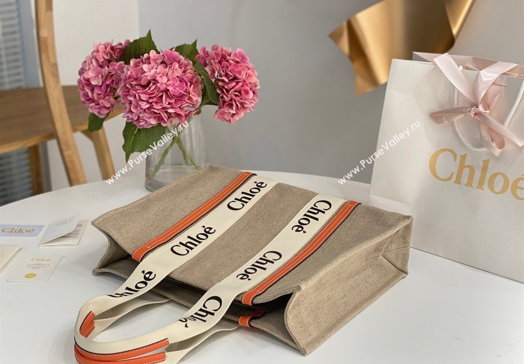 Chloe Large Woody Tote Bag in Linen Canvas and Calfskin Leather Orange 2025 1120 (DLA-251120064)