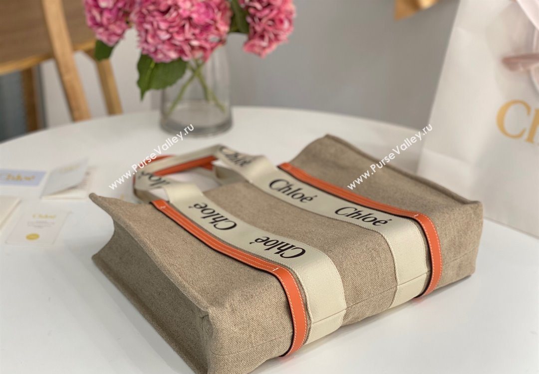 Chloe Large Woody Tote Bag in Linen Canvas and Calfskin Leather Orange 2025 1120 (DLA-251120064)