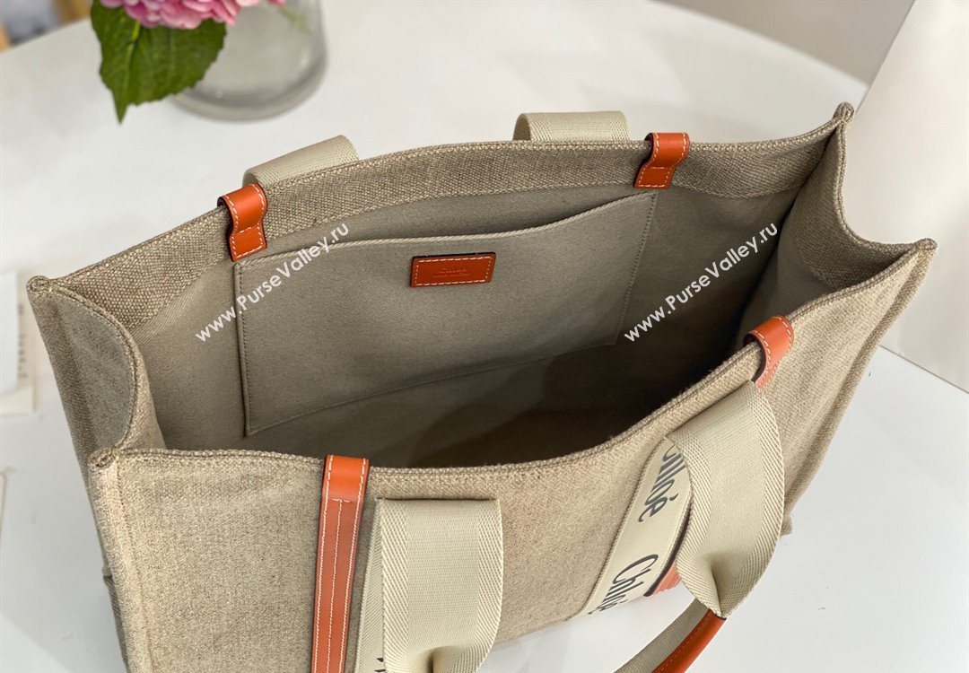 Chloe Large Woody Tote Bag in Linen Canvas and Calfskin Leather Orange 2025 1120 (DLA-251120064)