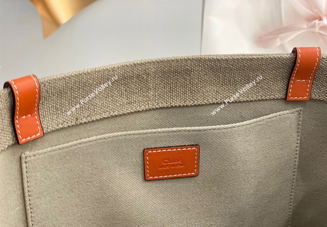 Chloe Large Woody Tote Bag in Linen Canvas and Calfskin Leather Orange 2025 1120 (DLA-251120064)