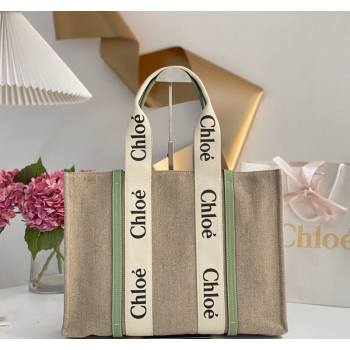 Chloe Large Woody Tote Bag in Linen Canvas and Calfskin Leather Light Green 2025 1120 (DLA-251120065)
