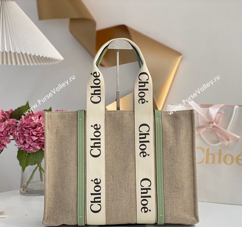 Chloe Large Woody Tote Bag in Linen Canvas and Calfskin Leather Light Green 2025 1120 (DLA-251120065)