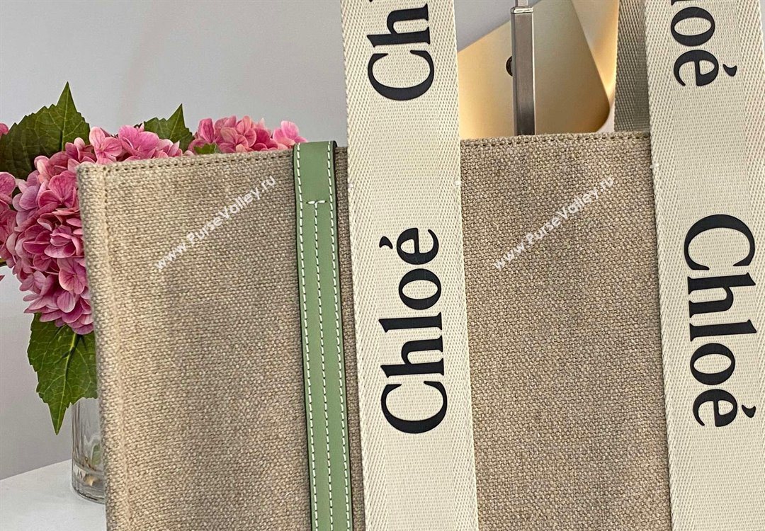 Chloe Large Woody Tote Bag in Linen Canvas and Calfskin Leather Light Green 2025 1120 (DLA-251120065)