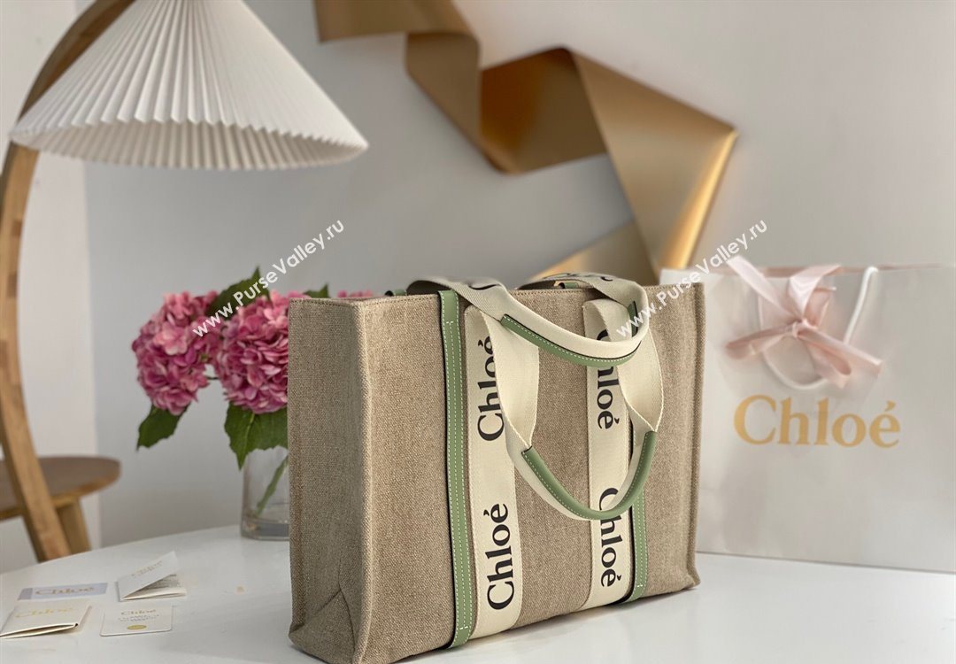 Chloe Large Woody Tote Bag in Linen Canvas and Calfskin Leather Light Green 2025 1120 (DLA-251120065)