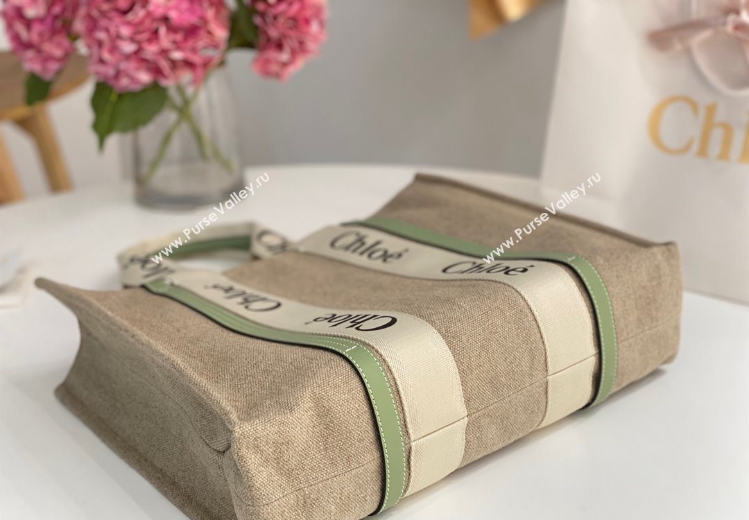Chloe Large Woody Tote Bag in Linen Canvas and Calfskin Leather Light Green 2025 1120 (DLA-251120065)