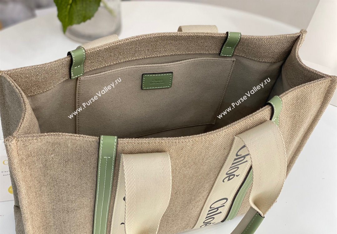 Chloe Large Woody Tote Bag in Linen Canvas and Calfskin Leather Light Green 2025 1120 (DLA-251120065)