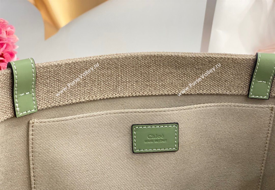 Chloe Large Woody Tote Bag in Linen Canvas and Calfskin Leather Light Green 2025 1120 (DLA-251120065)
