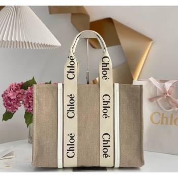 Chloe Large Woody Tote Bag in Linen Canvas and Calfskin Leather White 2025 1120 (DLA-251120066)